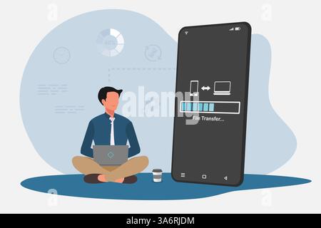Geschäftsmann überträgt Dateien vom Mobiltelefon auf einen Laptop. Backup, Kopieren von Dateien und Medien oder Austausch von Daten. Stock Vektor