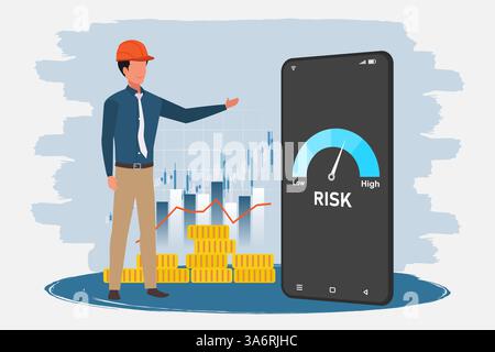 Geschäftsmann, der den Indikator für das Risikoniveau auf dem Bildschirm des Mobiltelefons anzeigt. Risikomanagementkonzept in Industrie und Wirtschaft. Stock Vektor