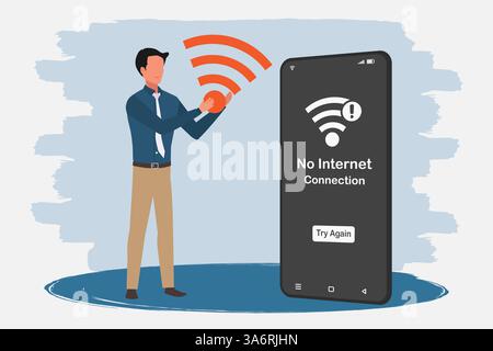 Ein Smartphone ohne Internetverbindung auf dem Bildschirm. Mann mit wlan-Symbol. Kein Internetzugang oder schlechtes Verbindungskonzept. Vektorabbildung. Stock Vektor