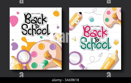 Back-to-School-Gruß-Clipart-Hintergrunddesign. Willkommen zurück zur Schule Kartenvorlage Clip Art mit Papier Raum Aquarell Hintergrund Stock Vektor