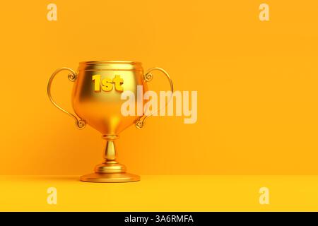 Goldene Trophäe mit der Nummer 1, die auf einem leuchtenden orangefarbenen Hintergrund einen ersten Platz feiert. 3D-Rendering Stockfoto