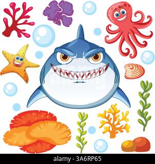 Buntes Meeresleben mit einem Hai und Freunden Stock Vektor