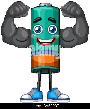 Eine lebendige Vektor-Illustration eines muskulösen Akkucharakters, der Kraft und Energie in kräftigen Farben und verspieltem Design zeigt Stock Vektor