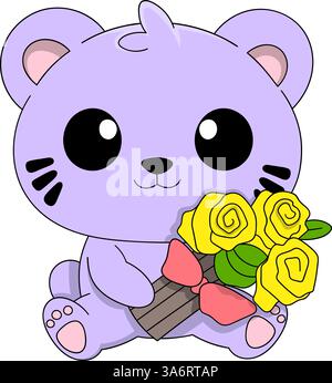 Dieses Bild zeigt eine bezaubernde lila Katze mit großen Augen und einem fröhlichen Lächeln, die einen Blumenstrauß aus gelben Blumen mit einem rosa Band hält Stock Vektor