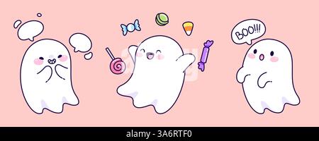 Halloween-Kawaii-Geister, isoliert auf rosa Hintergrund. Vektor-Karikaturillustration von niedlichen gruseligen weißen Maskottchen, die mit Sprechblasen lächeln, Süßigkeiten genießen, Buh sagen, gruselige Weihnachtsfiguren Stock Vektor