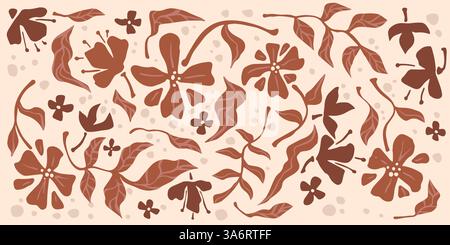 Boho-Kollektion mit Blumensilhouetten - braunes botanisches Motiv mit organischen Blattformen, Zweigen, Beeren, Wildblumen und abstrakten Pflanzen. Naturschmuck im Papierschnitt – Dekoelemente im Boho-Stil. Stock Vektor