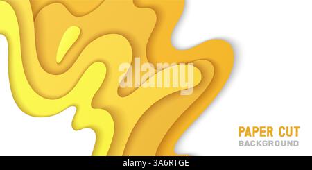 PaperCut-Topographiehintergrund mit geschichteten welligen Kurven, abgerundeten 3D-Formen. Abstrakte geometrische Designelemente im handwerklichen Stil, gelbe Farbschattierungen auf weiß. Trendige Minimal Art Komposition Stock Vektor