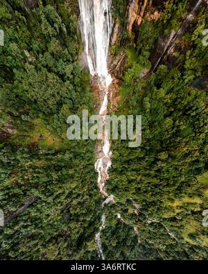 Das Bild zeigt den geheimen Wasserfall in Illukpelessa, Sri Lanka, umgeben von dichtem tropischem Grün. Das Wasser kaskadiert über zerklüftete Felsen in eine Tra Stockfoto