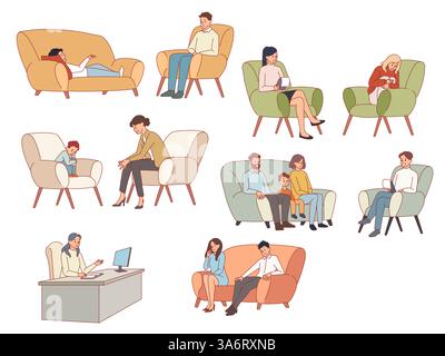 Patienten bei Psychologentreffen. Menschen erzählen Spezialisten über ihre psychischen Probleme, Familien- und Kindertherapiesitzung, individuelle Beratung Stock Vektor