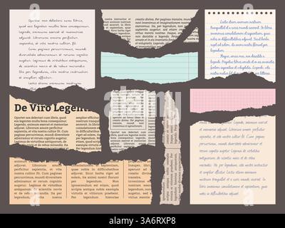 Zeitung und Zines zerrissene Stücke. Schneiden Sie Papierfragmente mit Texten, Briefen oder Büchern, Seiten mit ungleichmäßigen Kanten, Notizblöcke, Schrott, Notizpapier-Cartoon f Stock Vektor