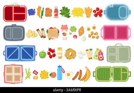 Lunchbox-Set. Snackpaket für Kinder, hausgemachte Zutaten zum Mittagessen, Essen unterwegs, Obst, Gemüse und Sandwiches, leere Plastikbehälter, Cartoon flach Stock Vektor