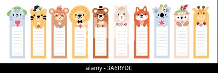 Niedliche Lesezeichen für Zeichentricktiere. Lustige Buchetiketten für Kinder, kindliche Aufkleber aus Kawaii-Papier, Seitenteiler Vorlagen mit Fauna-Design, lustige Gesichter, Kopie Stock Vektor