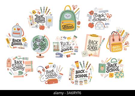 Back-to-School-Label-Set. Poster-Karte Zum Hintergrund Der Schule. Verkaufsmarke. Illustration des flachen Vektors. Handgezeichnete Abzeichen-Kollektion. Typografie-Emblem Stock Vektor