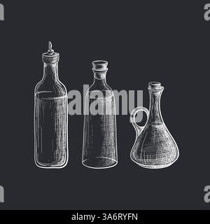 Glasflasche. Handgezeichnetes Vektor-Set. Unverzichtbar, Flüssigkeit unter dem Stopfen. Organisches Öl. Gravur Illustration im Vintage-Stil Stock Vektor
