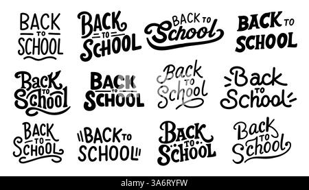Back-to-School-Schriftzug. Großes Set von „Welcome Back to School“-Labels. Schulhintergrund. Verkaufsmarke. Handgezeichnete Abzeichen. Typografie-Emblem Stock Vektor