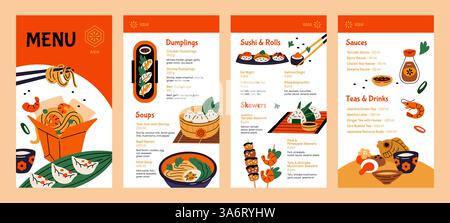Vorlage für asiatische Speisen. Restaurant-Küche Liste der Gerichte Design, chinesische, koreanische, japanische traditionelle Gerichte, Meeresfrüchte und Nudeln Cartoon Stil Stock Vektor