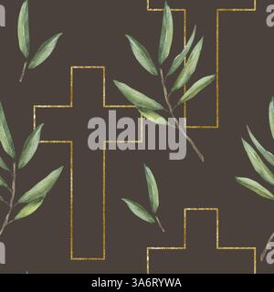 Goldenes Kreuz mit grünem Olivenbaum Zweig Aquarellmuster. Religiös gemalte Illustration. Gold gerahmtes Kreuz. Clipart zur Taufe Stockfoto