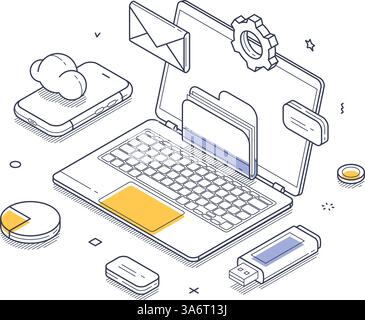 Cloud-Speichertechnologie, die in verschiedene digitale Geräte integriert ist. Ein Laptop, umgeben von einem Smartphone, einem Cloud-Symbol, Dateien und Kommunikationselementen. Stock Vektor