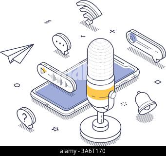 Podcasting und digitale Kommunikation – das Wesen moderner Medieninteraktionen. Vor einem Smartphone steht ein Mikrofon mit interaktiven Symbolen. Mod Stock Vektor