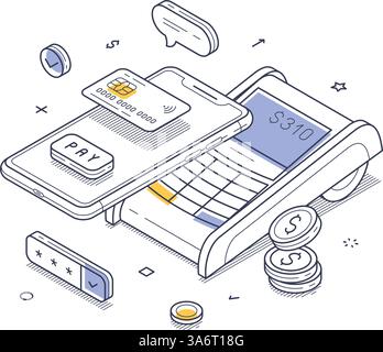 Moderner Zahlungsprozess durch kontaktlose Technologie. Ein Smartphone interagiert mit einem Zahlungsterminal und hebt so einfache und sichere Transaktionen hervor. Isom Stock Vektor