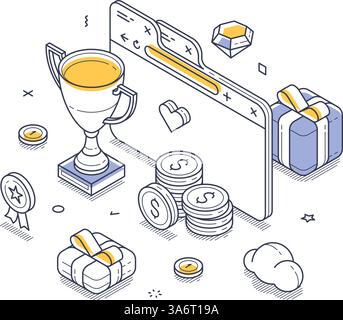 Lebendiges isometrisches Design, das die wichtigsten Elemente eines Prämienprogramms hervorhebt. Symbole, die eine Trophäe, Geldmünzen und Geschenkboxen darstellen, die das Geheimnis vermitteln Stock Vektor