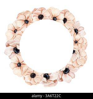 Handgezeichneter Aquarellrahmen mit verschiedenen pfirsichrosa Anemonen in blühenden Blüten. Stockfoto