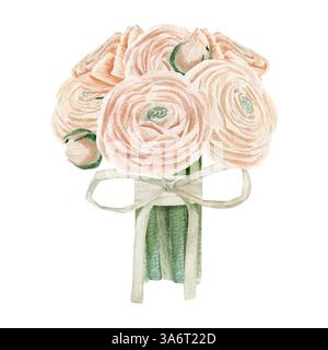 Handgezeichnetes Aquarellstrauß mit verschiedenen pfirsichrosa Ranunkeln in Knospen und blühenden Blumen, die mit einer Schleife gebunden sind Stockfoto