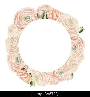 Handgezeichneter Aquarellrahmen mit verschiedenen pfirsichrosa Ranunkeln in Knospen und blühenden Blüten. Stockfoto