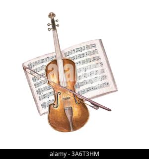 Geige mit Bogen und offenem Notizbuch Aquarellillustration isolierter Hintergrund. Streichinstrument auf Musikpapier mit Notenstock. Stockfoto