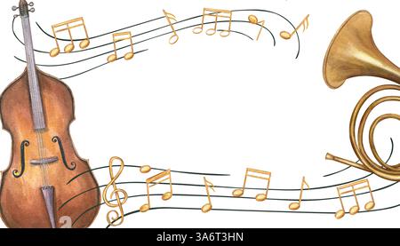 Kontrabass, Horn und Musiknoten auf horizontalem Rechteckrahmen mit leerem Platz für Text. Holzbläser und Streichinstrumente Aquarell Stockfoto