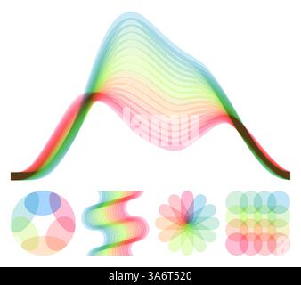 Set aus quadratischen und runden Formen, die aus überlappenden durchsichtigen Elementen erstellt werden. Eine wellenförmige Signalform. Abstraktes geometrisches Design. Vektor für Broschüre, Stock Vektor