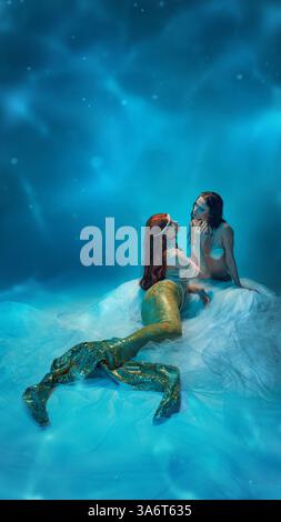Anmutige Meerjungfrau, die auf fließenden Stoffen liegt, in Perlen gehüllt, verloren in einer traumhaften ozeanischen Welt. Stockfoto