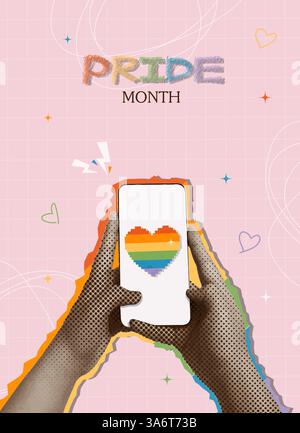Hände halten ein Telefon, das ein Regenbogenherz für den Pride Month zeigt, Vektor-Illustration Stock Vektor