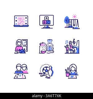 Aktivitäten für Kinder – Ikonen im Stil eines modernen Liniendesigns Stock Vektor