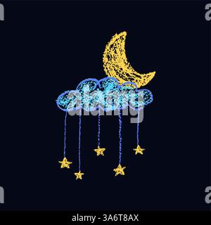 Set aus abstrakten Bleistiftwolken, goldenen Sternen und Mond. Handgezeichneter Cartoon bewölkter Nachthimmel. Vektor-Illustration der Sammlung von blauem Wirbel auf blau Stock Vektor