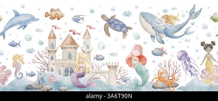 Aquarellillustration von Meerjungfrauen in einem Unterwasserreich mit einer Burg, Fischen und Meeresbewohnern. Zeichnung von nahtlosen Mustern für Kindertagetapeten. Grenzkunst mit Delfinen und Walen für Babys. Stockfoto