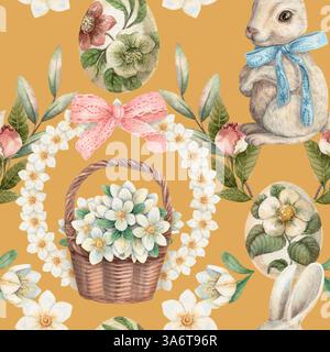 Nahtloses Ostermuster mit niedlichem Häschen und Blumenkorb auf dem gelben Hintergrund. Handgezeichnetes Aquarelldesign im Vintage-Stil. Kunstdruck ideal für Stockfoto
