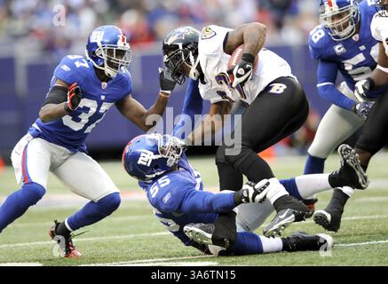 16. November 2008: Baltimore Ravens Willie McGahee schnappt sich im dritten Quartal die Gesichtsmaske von New York Giants Danny Clark. Die Giants besiegten die Ravens 30:10, am Sonntag, den 16. November 2008, im Giants Stadion in East Rutherford, New Jersey. (David L. Pokress/Newsday/MCT) (Kreditbild: © David L. Pokress/MCT/ZUMAPRESS.com) Stockfoto