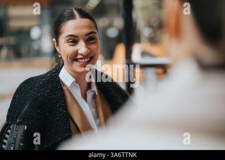 Lächelnde Frau in einer professionellen Meeting-Umgebung mit natürlichem Licht Stockfoto