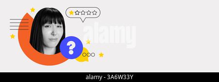 Frau mit 1-Sterne-Bewertung und Fragesymbol. Konzeptionelles Feedback, das Verwirrung und Enttäuschung hinsichtlich der Kundenerfahrung zeigt. Stockfoto