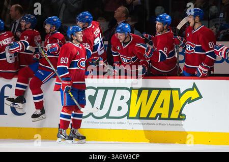 12. FEBRUAR 2015: Christian Thomas #60 feiert sein erstes NHL-Tor während eines NHL-Spiels zwischen den Edmonton Oilers und den Montreal Canadiens im Bell Centre in Montreal, Quebec, Kanada. Die Edmonton Oilers besiegten die Montreal Canadiens 4-3 in Überstunden. Philippe Bouchard/CSM(Bild: © Philippe Bouchard/Cal Sports Med/Cal Sport Media/ZUMAPRESS.com) Stockfoto