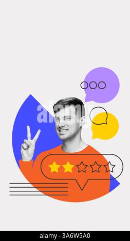 Gemischte Reaktion. Konzeptuelles Bild des jungen Mannes mit Friedenszeichen und Durchschnittsbewertung. Idee eines neutralen Feedbacks Stockfoto