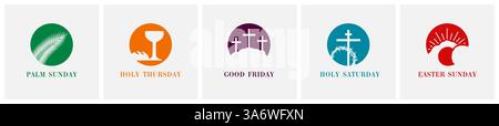 Ostersonntagsymbole für Poster der Karwoche. Kreatives Logo mit Palme, Schüssel und Brot, Dornenkrone, Kreuz und offenem Grab zu Ostern Stock Vektor