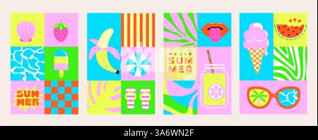 Set mit farbenfrohen Postern im quadratischen Fliesenstil. Stock Vektor