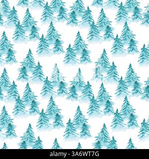Niedliches Aquarellmuster mit blauen, verschneiten Tannen Stockfoto