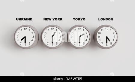 Vier Wanduhren mit der Zeit um die Welt auf einer weißen Wand, Uhren zeigen die Zeit in der Ukraine, New York, Tokio und London an der Wand Stockfoto