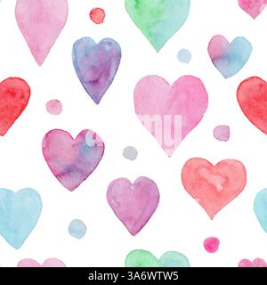 Zartes Aquarellmuster mit Herzen und Punkten Stockfoto