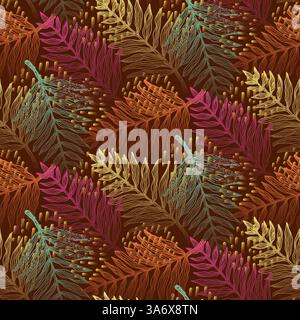 Magisches Muster in tiefem Orange mit tropischen Blättern Stock Vektor