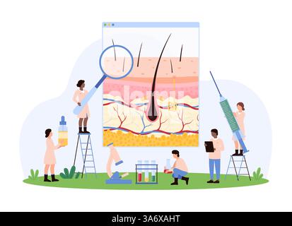 Diagnostik und Behandlung von Kopfhauterkrankungen und Haarausfall, Dermatologie, Trichologie. Winzige Menschen mit Vergrößerungsglas studieren menschliche Haut und Haarstruktur auf Anatomie Diagramm Cartoonvektor Illustration Stock Vektor