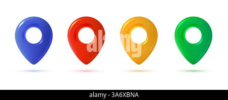Realistische GPS-Pins für die Karte. Isolierte Geotag-Symbole in Blau, Rot, Gelb und Grün, Vorderansicht. Vektor-3D-Illustration. Stock Vektor